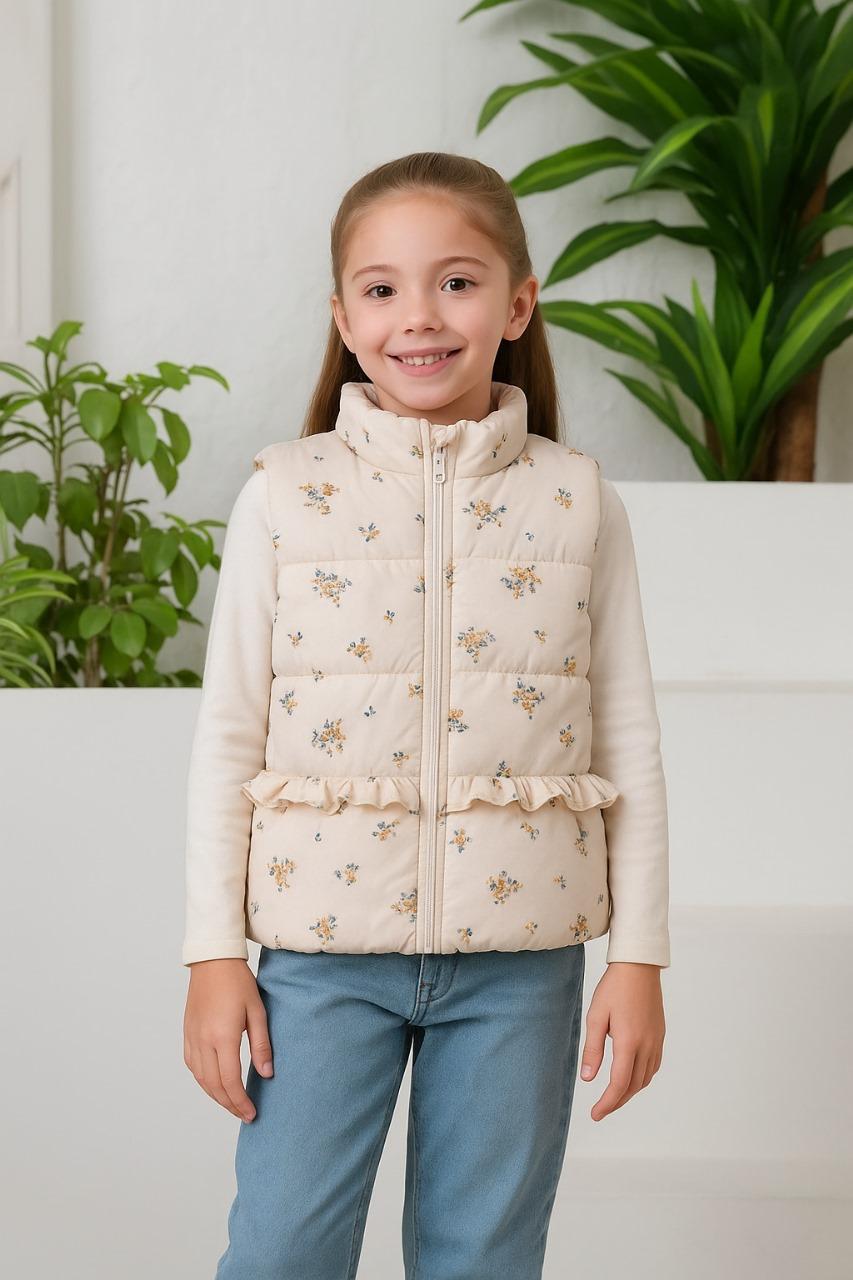 Girls Sleeveless Puffer Vest 1-6 Years - Cream Floral Quilted Zip-Up.